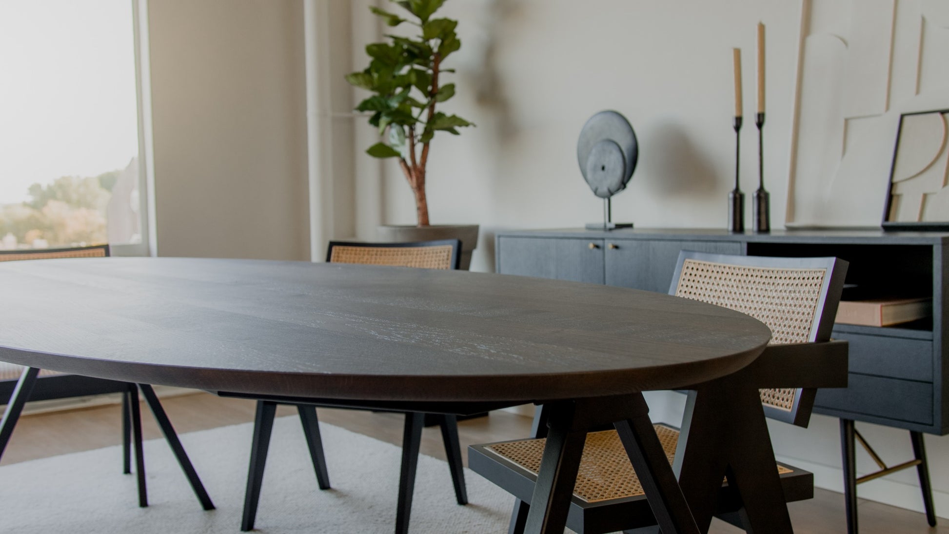 Oval oak dining table in charcoal finish with V-frame design, measuring 160 cm, by My Store.