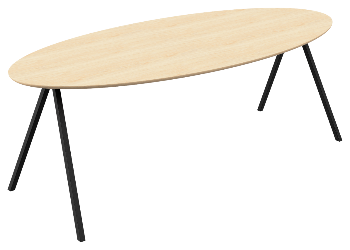Natural oak oval dining table with V-frame design, featuring a smooth surface and sturdy wooden construction.