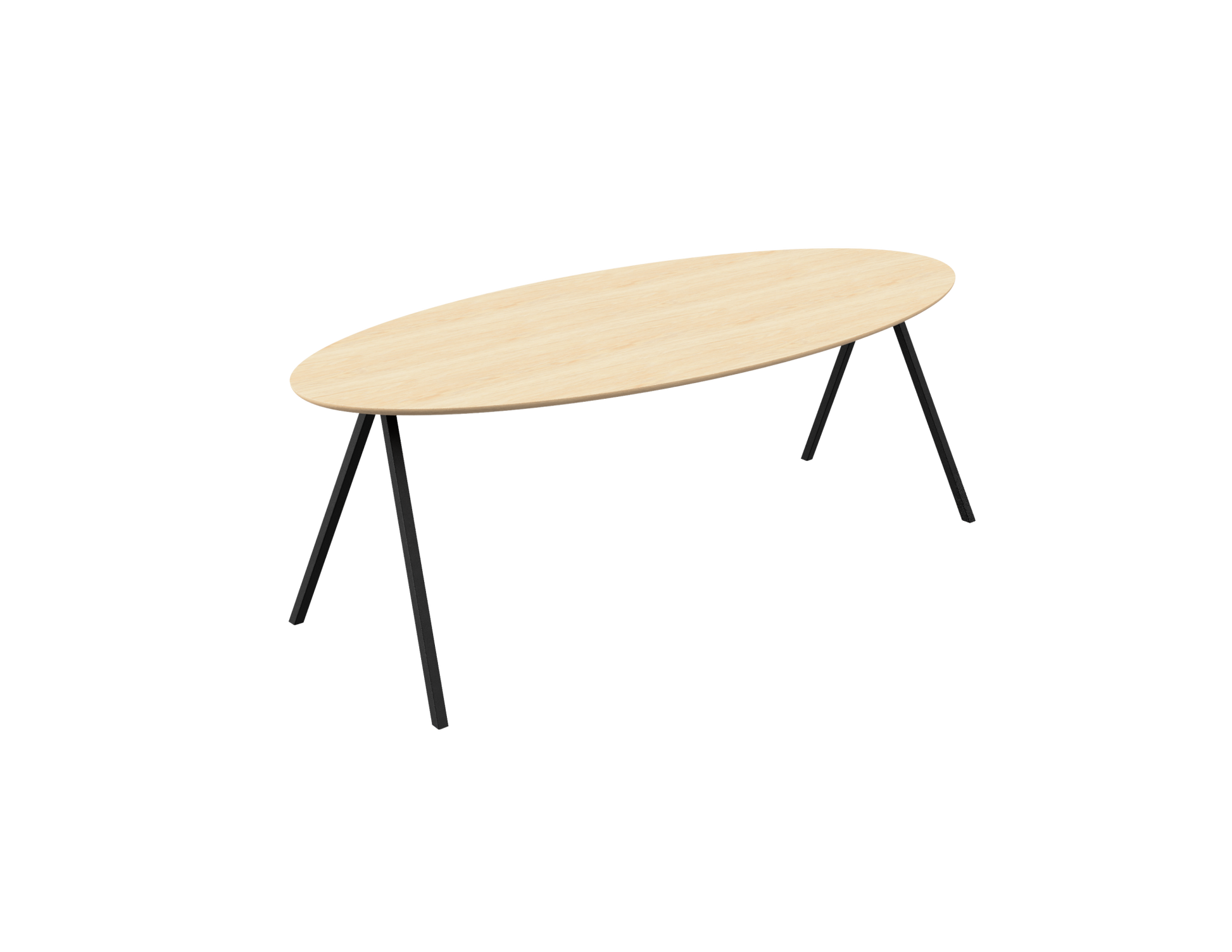 Natural oak oval dining table with V-frame design, 160 cm length, showcasing smooth surface and sturdy wooden construction.