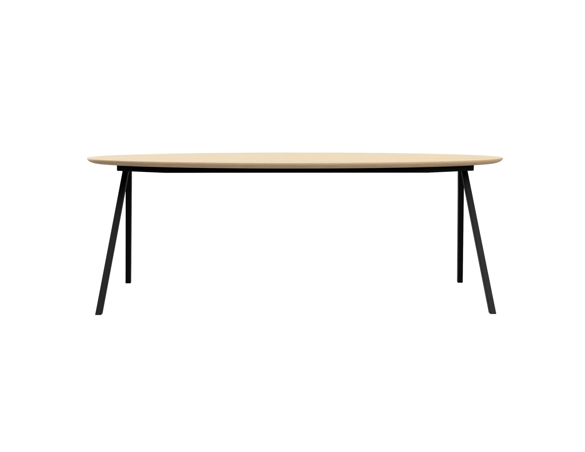 Oval oak dining table with natural finish and V-frame design, showcasing the sleek, smooth surface and sturdy wooden construction.