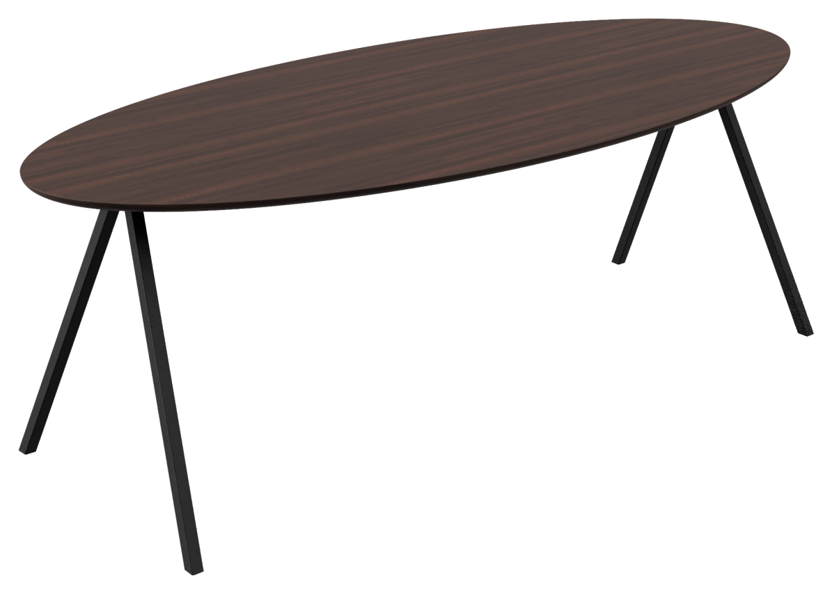 Oval walnut dining table with V-frame base, 160 cm length, showcasing smooth wood surface and modern design.