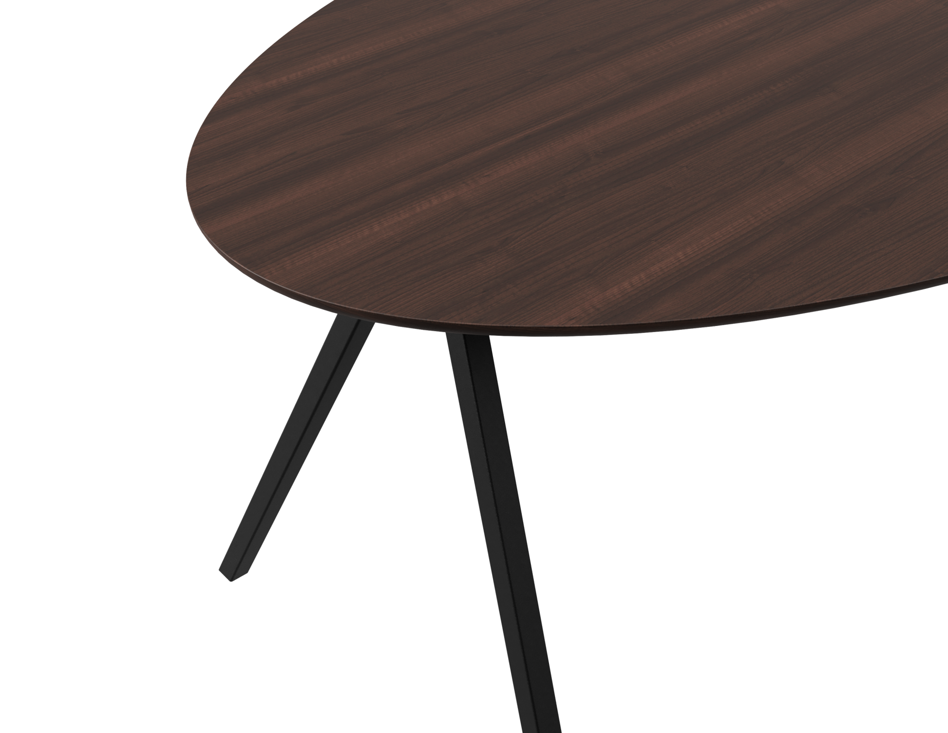Oval walnut dining table with V-frame legs, 160 cm length, showcasing polished wood surface and modern design.