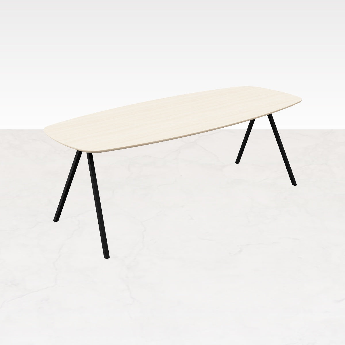 Celio Oak Dining Table in Ash White with V-frame design, showcasing a sleek, modern wood dining table in a bright finish.