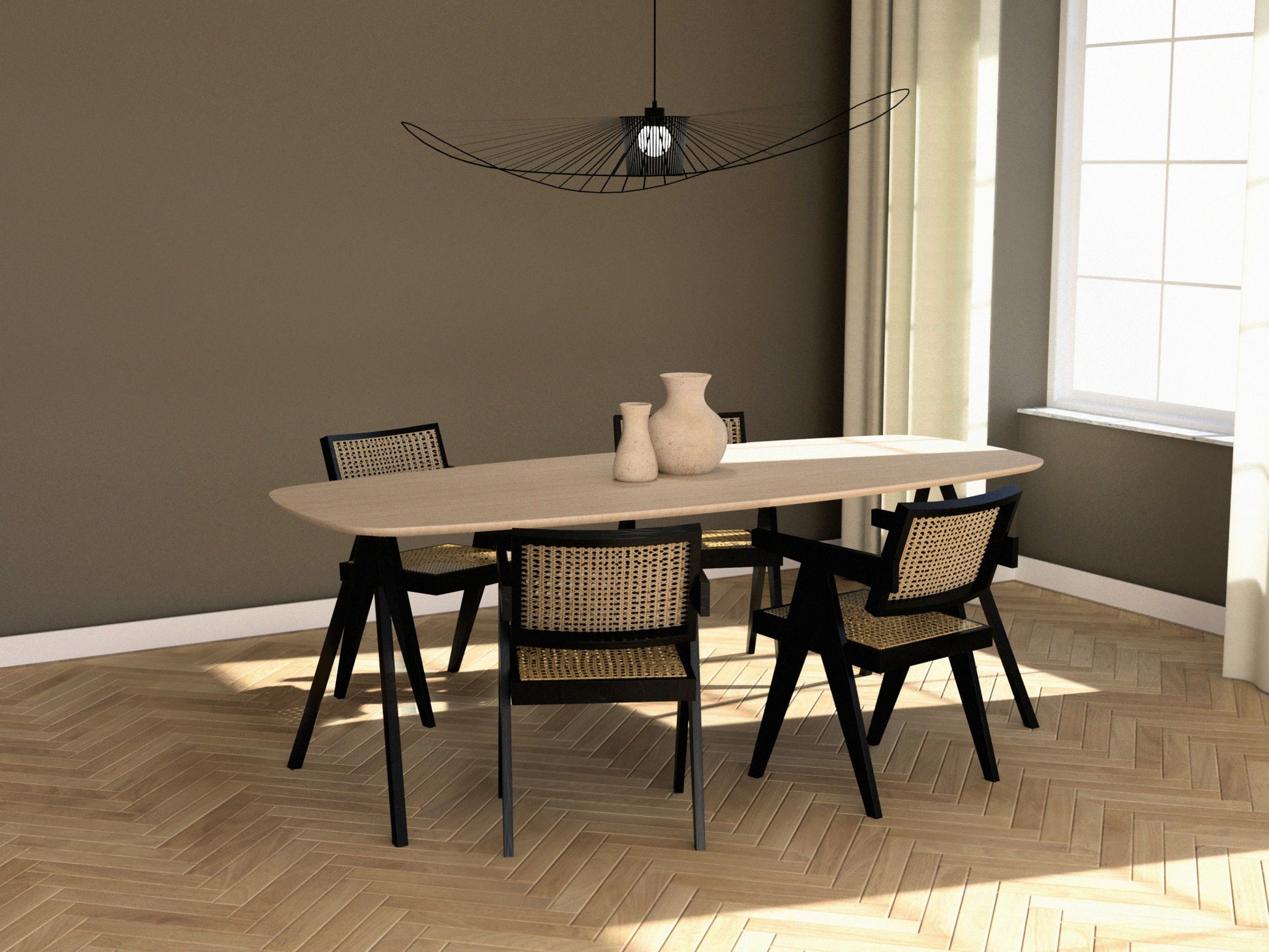 Celio Oak Dining Table in Ash White with V-frame design, showcasing a sleek, modern wooden dining table with clean lines.