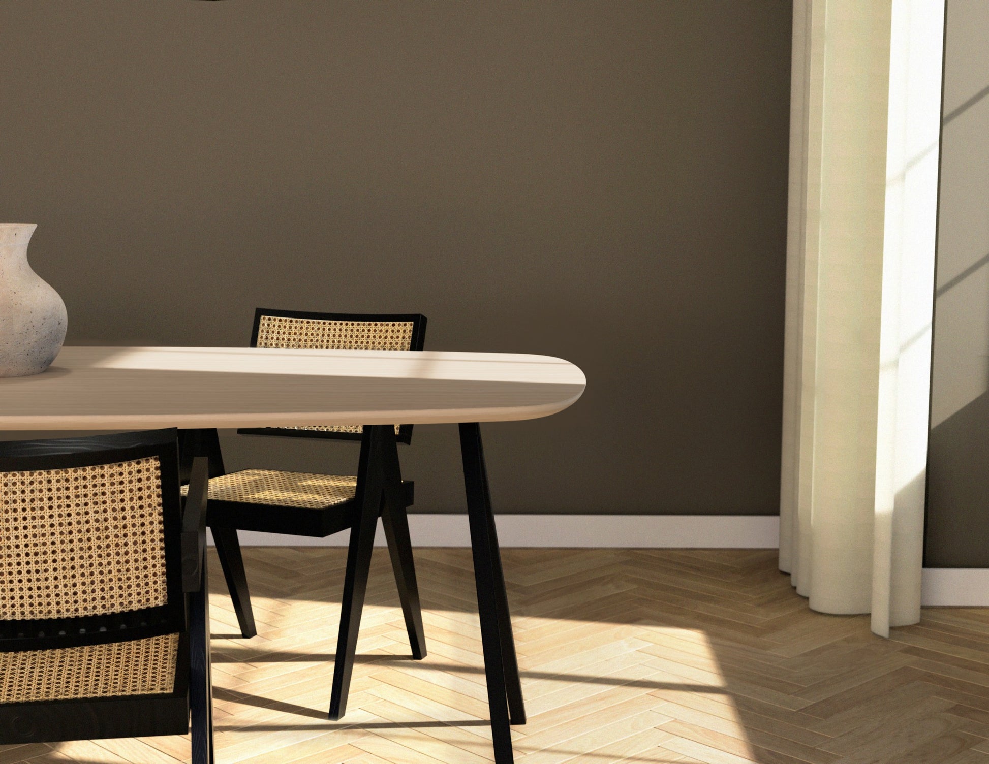 Celio Oak Dining Table in Ash White with V-frame, featuring a sleek, modern design and sturdy wooden construction.