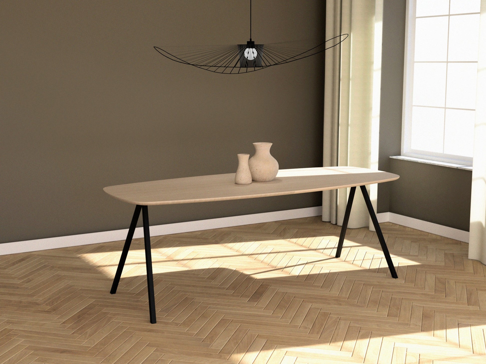Celio Oak Dining Table in Ash White with V-frame design, featuring a sleek, modern look and sturdy wooden construction.
