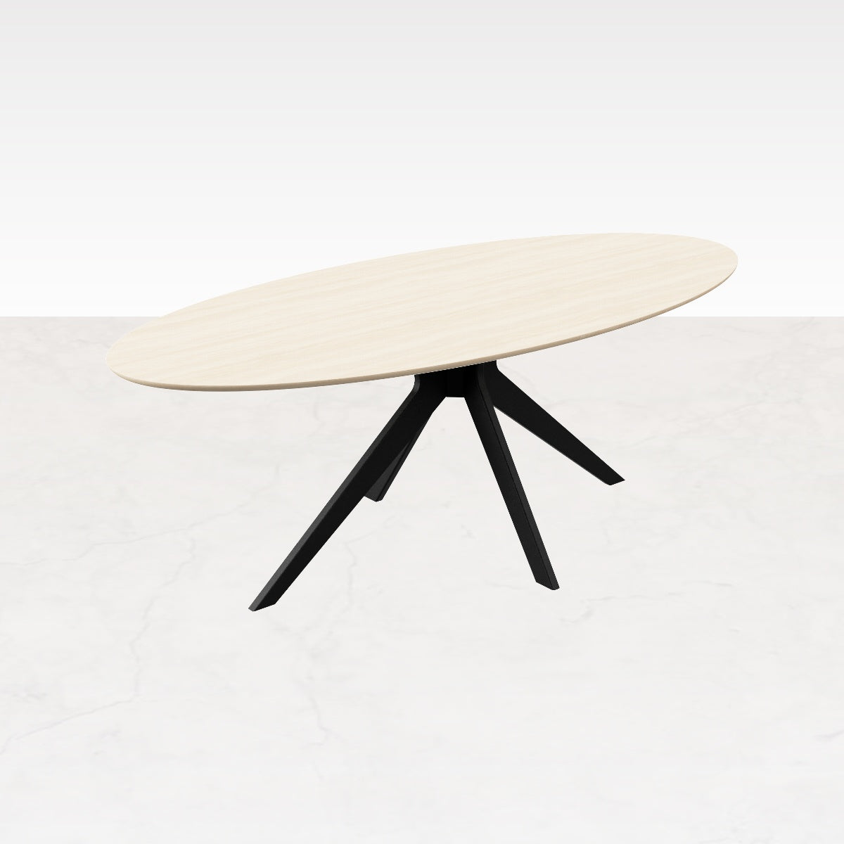 Oval oak dining table with ash white finish and arched frame, showcasing a sleek and modern design.