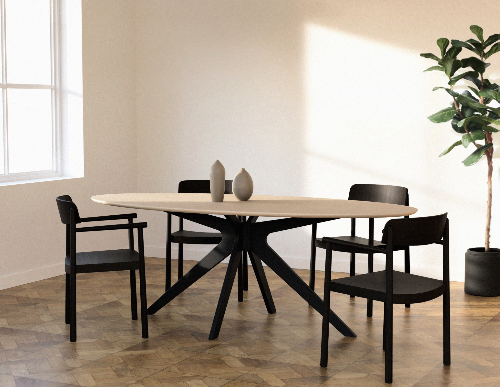 Oval Oak Dining Table with Ash White finish and arched frame, showcasing smooth wooden surface and elegant design.