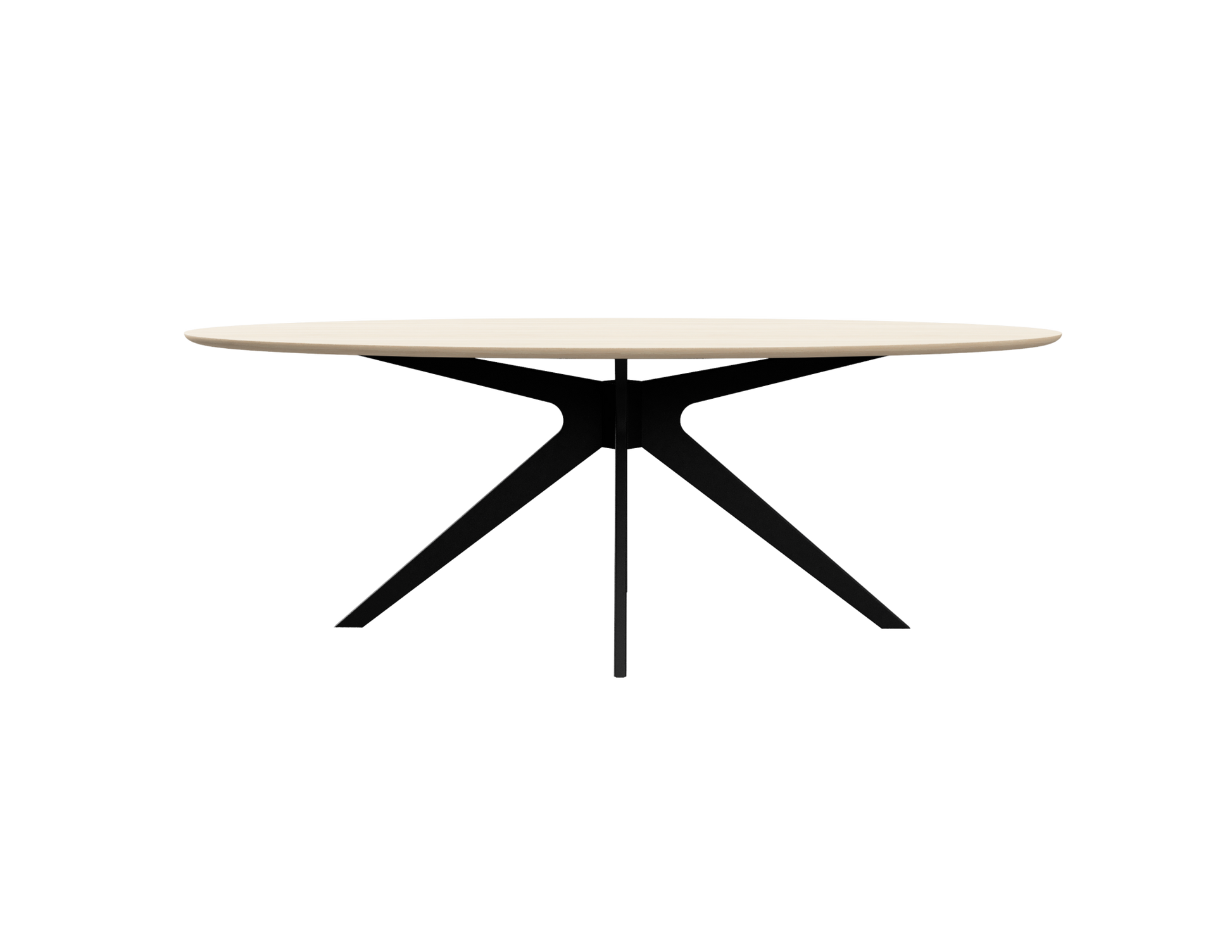 Oval oak dining table with ash white finish and arched frame, showcasing a sleek, modern design for contemporary dining spaces.