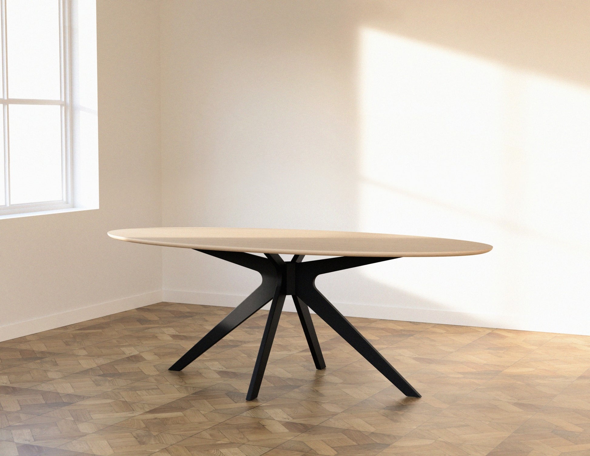 Oval oak dining table with ash white finish and arched frame, showcasing a sleek and modern design.