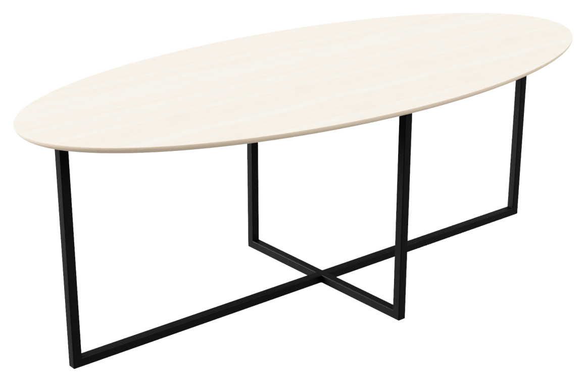 Oval oak dining table with ash white finish and cross frame design, showcasing a sleek and modern dining surface.