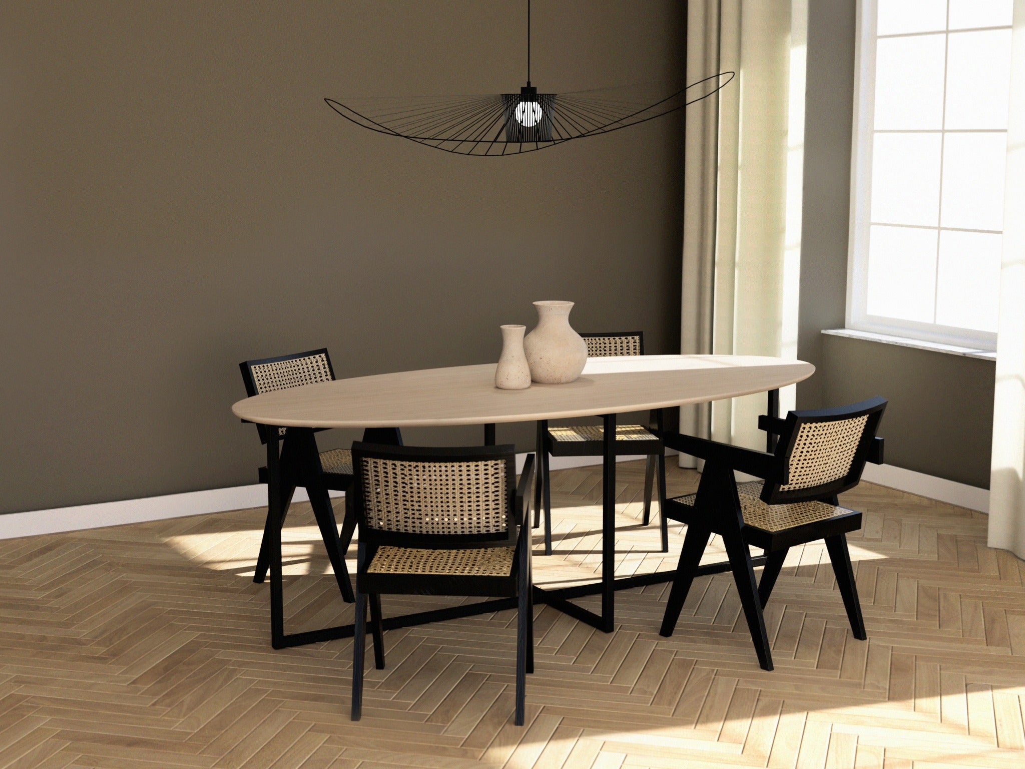 Oval Oak Dining Table in Ash White with cross frame, showcasing a sleek, modern design perfect for contemporary dining spaces.