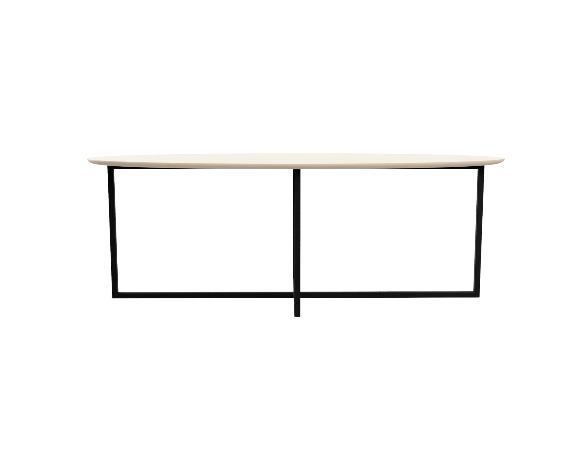 Oval oak dining table with ash white finish and cross frame design, showcasing its sleek, modern shape and sturdy construction.
