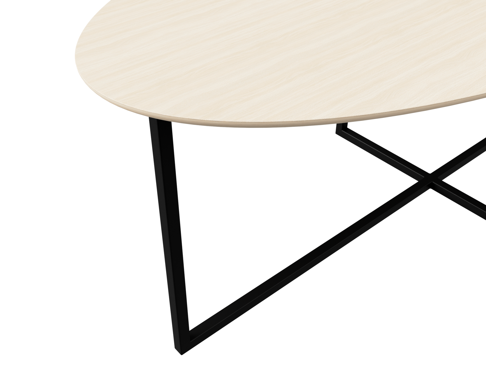 Oval oak dining table with ash white finish and cross frame design, features a sleek and modern look for dining spaces.