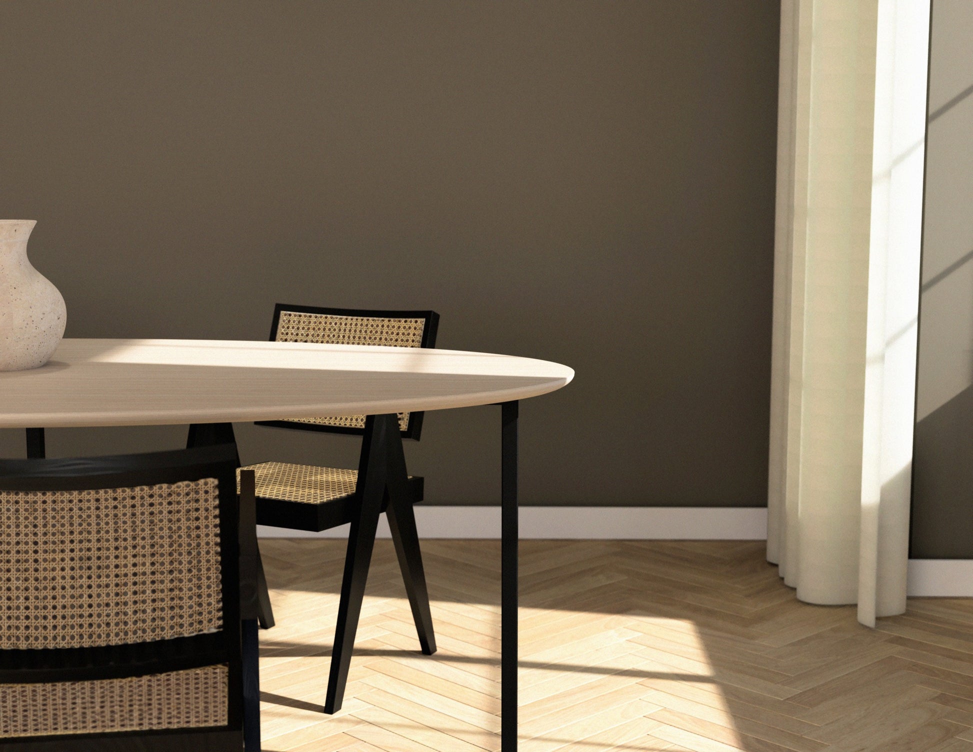 Oval oak dining table with ash white finish and cross frame design, showcasing a sleek, modern wooden dining surface.