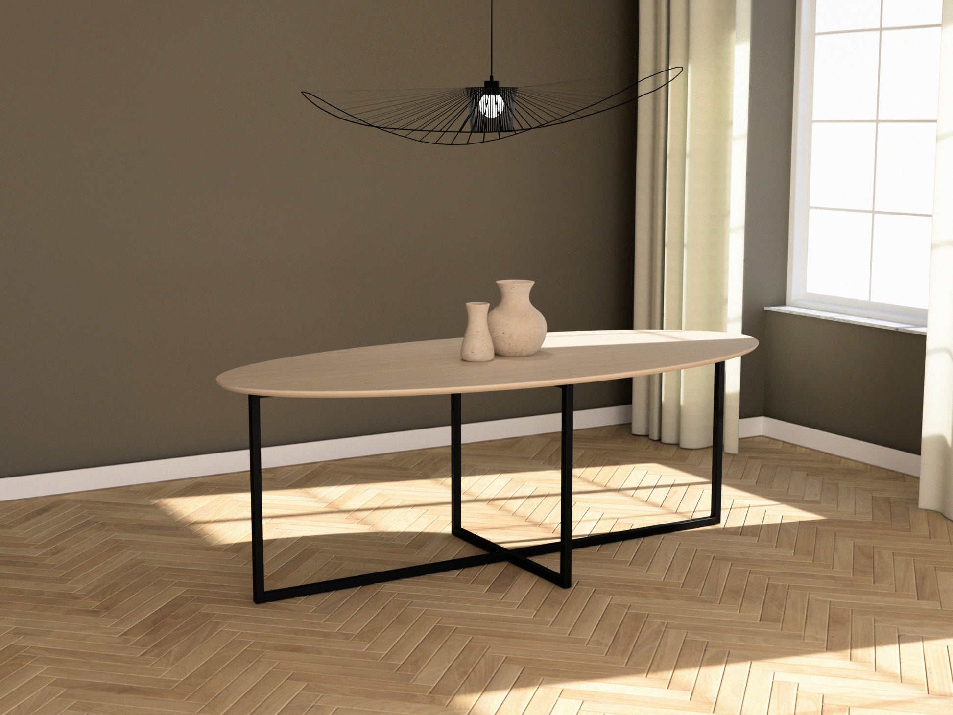 Oval oak dining table with ash white finish and cross frame design, showcasing a sleek, modern dining surface.