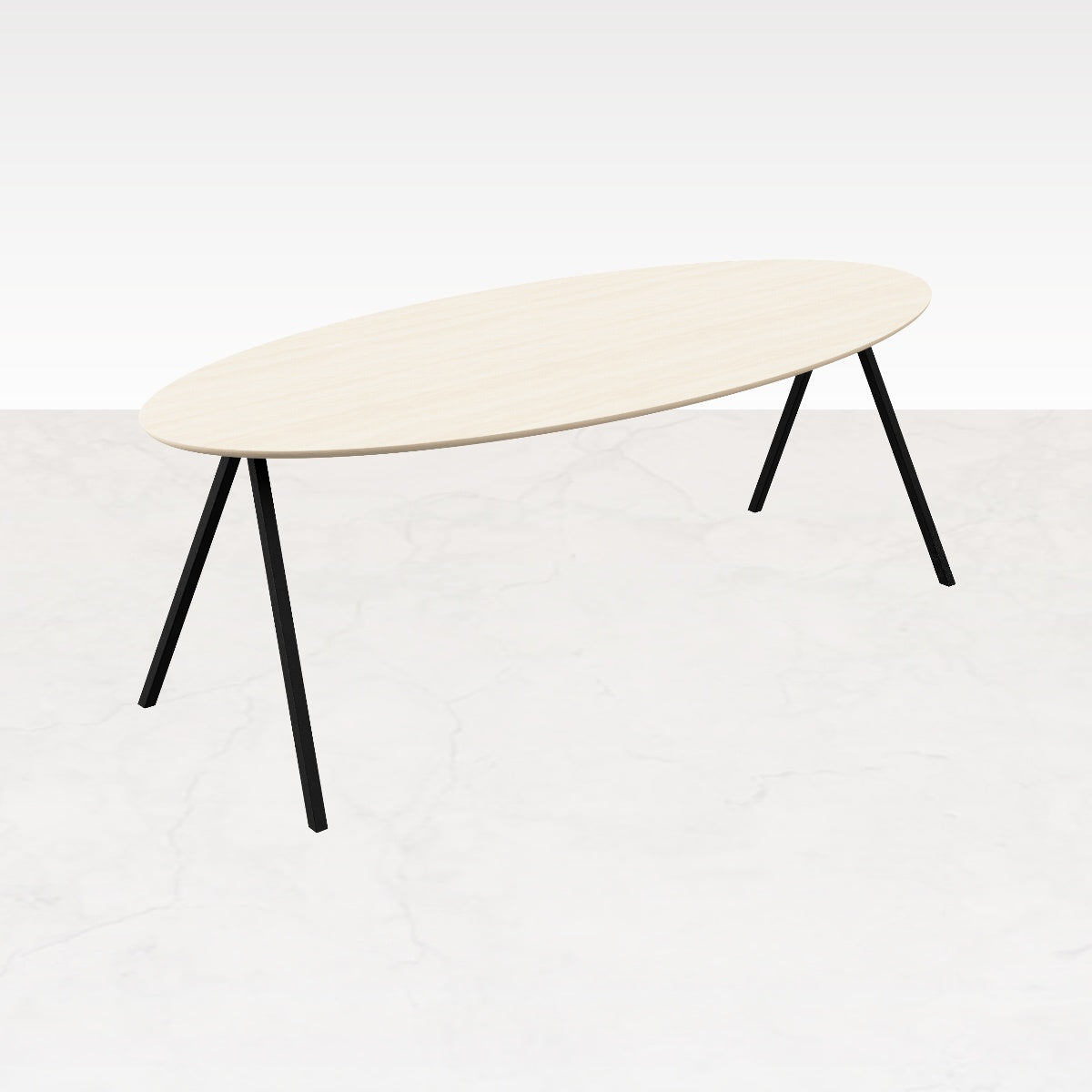 Oval oak dining table with ash white finish and V-frame design, showcasing smooth surface and elegant craftsmanship.