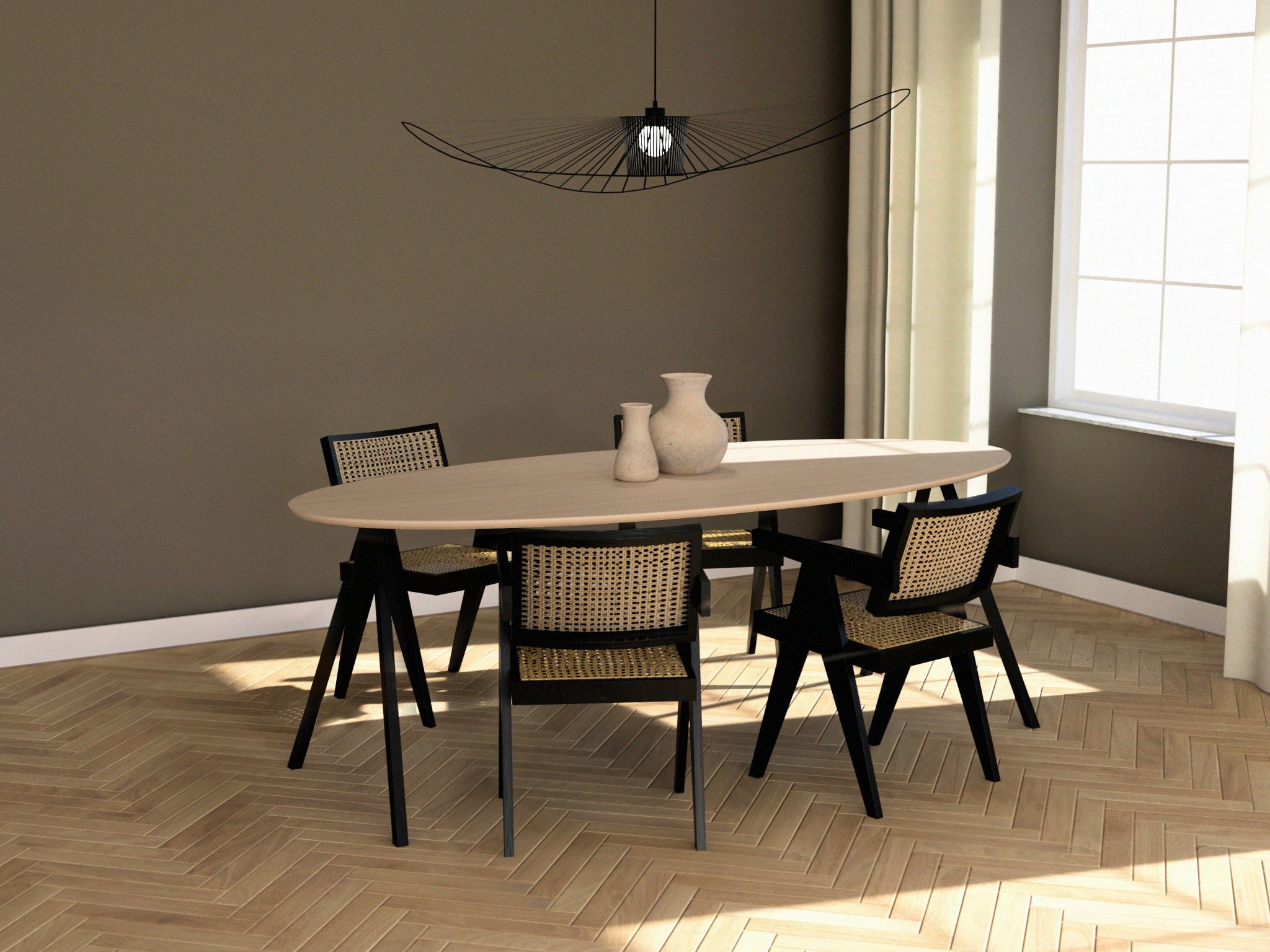 Oval oak dining table with ash white finish and V-frame design, showcasing the smooth tabletop and sturdy legs.