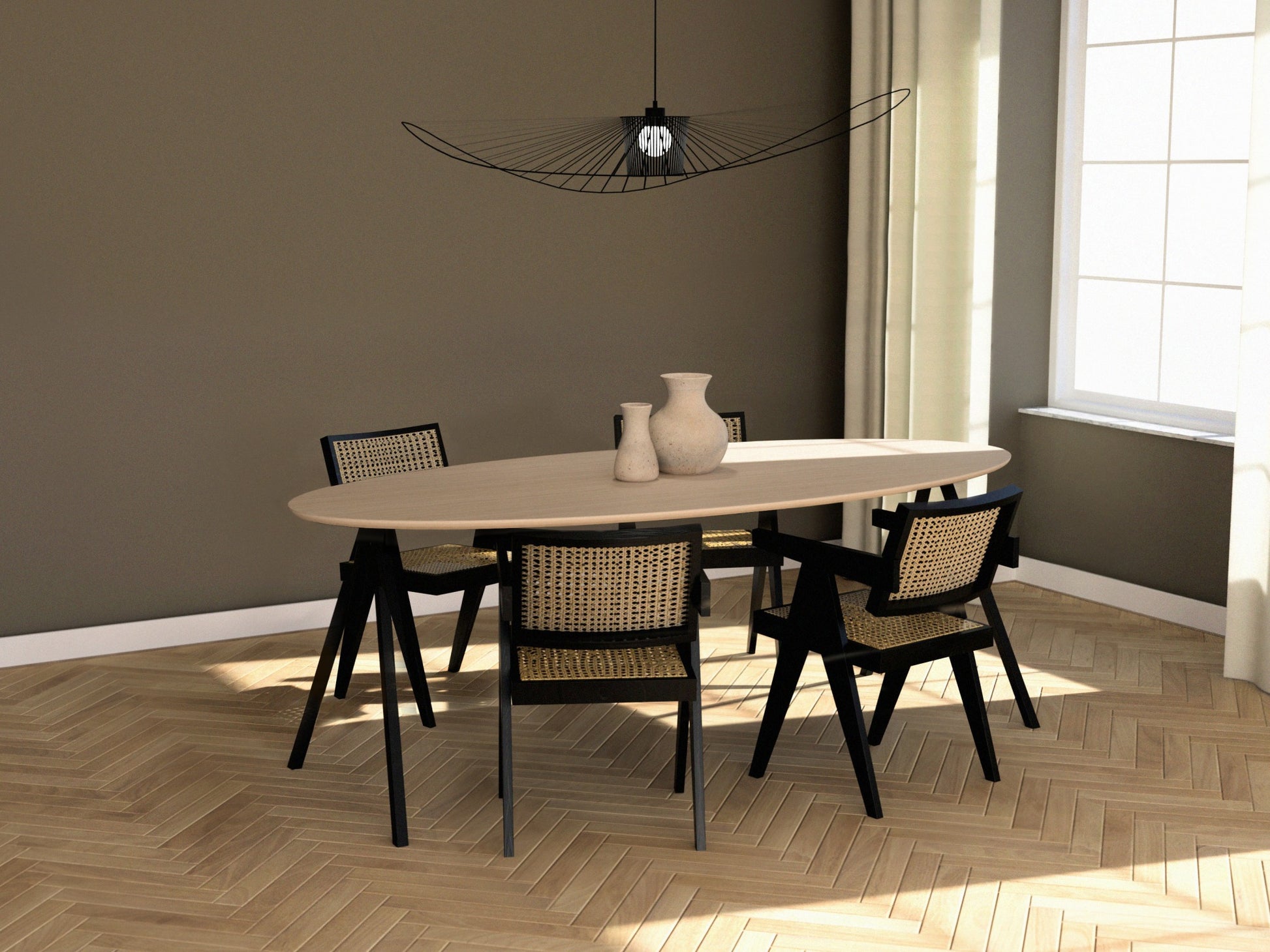 Oval oak dining table with ash white finish and V-frame design, showcasing the smooth tabletop and sturdy legs.