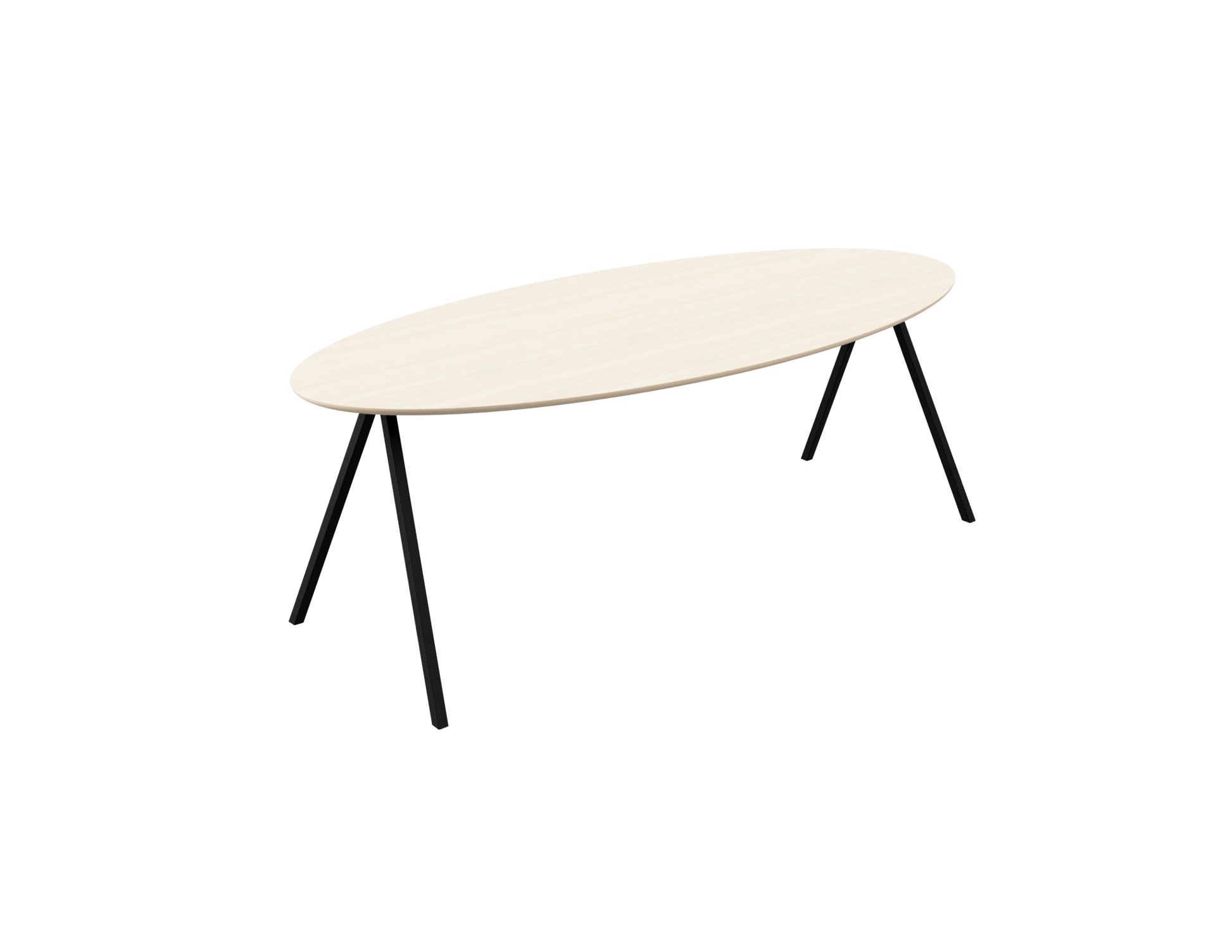 Oval oak dining table with ash white finish and V-frame design, showcasing a sleek, modern look for dining rooms.