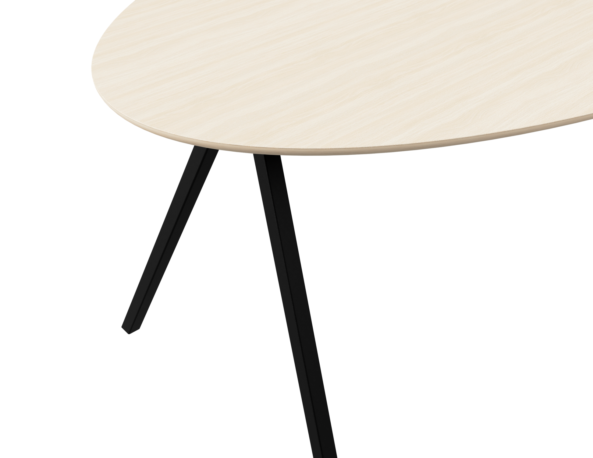 Oval oak dining table with ash white finish and V-frame design, showcasing a sleek, modern wood dining surface.