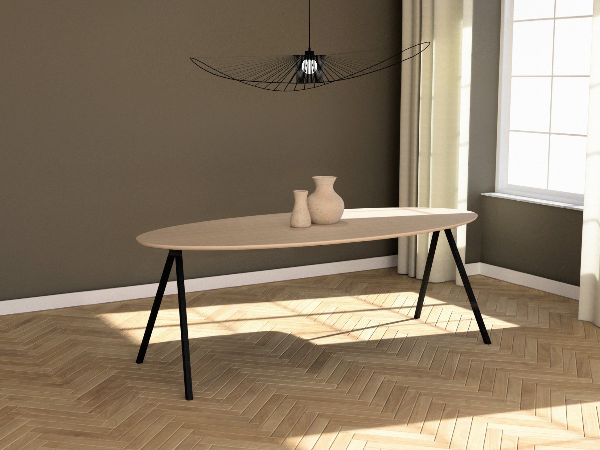 Oval oak dining table with ash white finish and V-frame design, showcasing a sleek, modern wood surface for dining space.