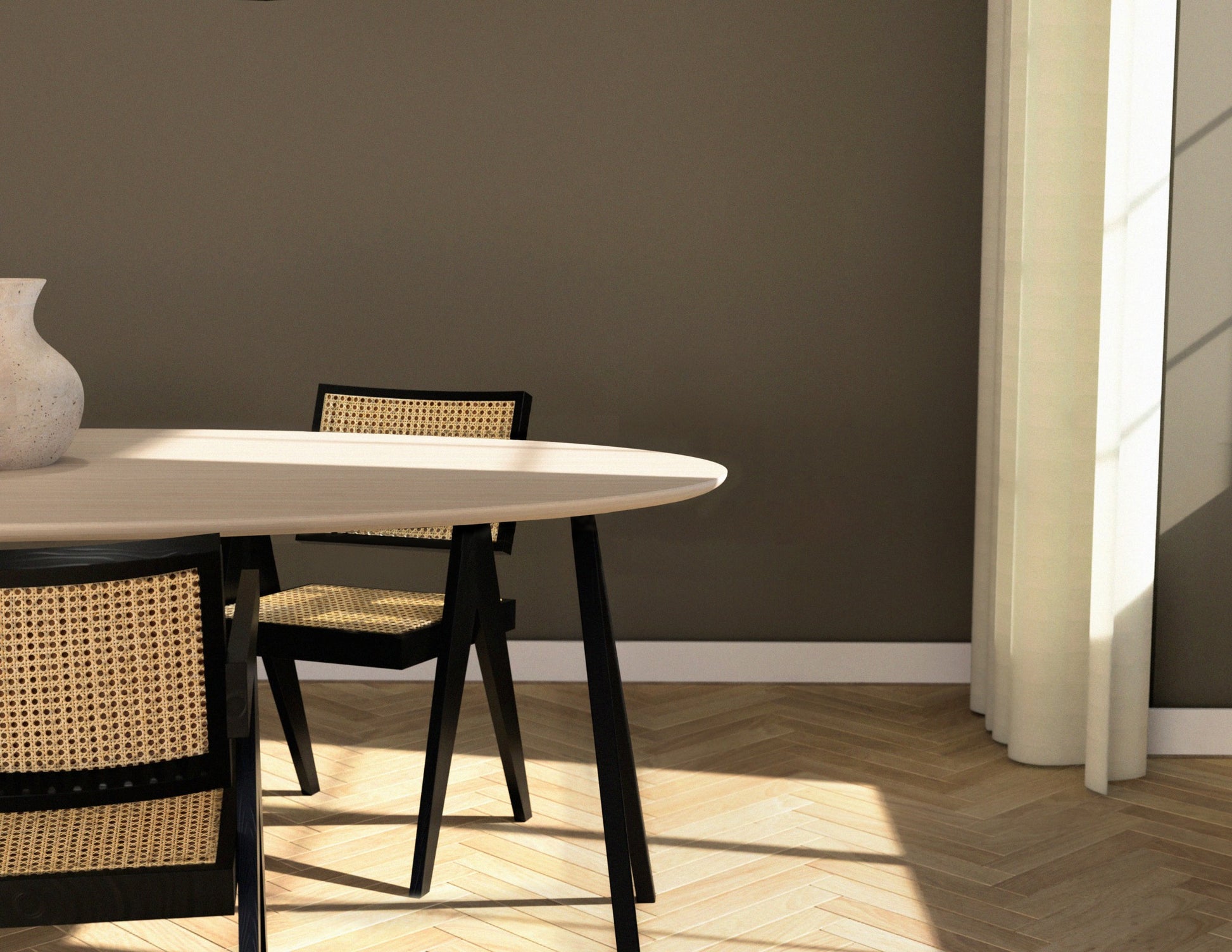 Oval oak dining table with ash white finish and V-frame design, perfect for modern dining rooms.