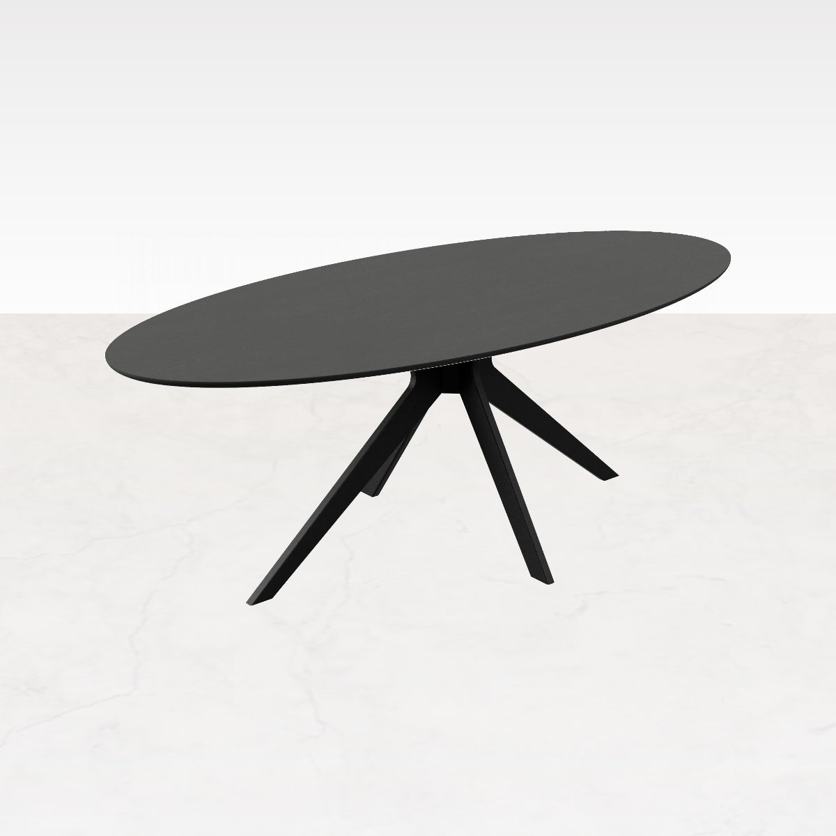Oval oak dining table with charcoal finish and arched frame, showcasing a sleek and modern design for stylish dining spaces.
