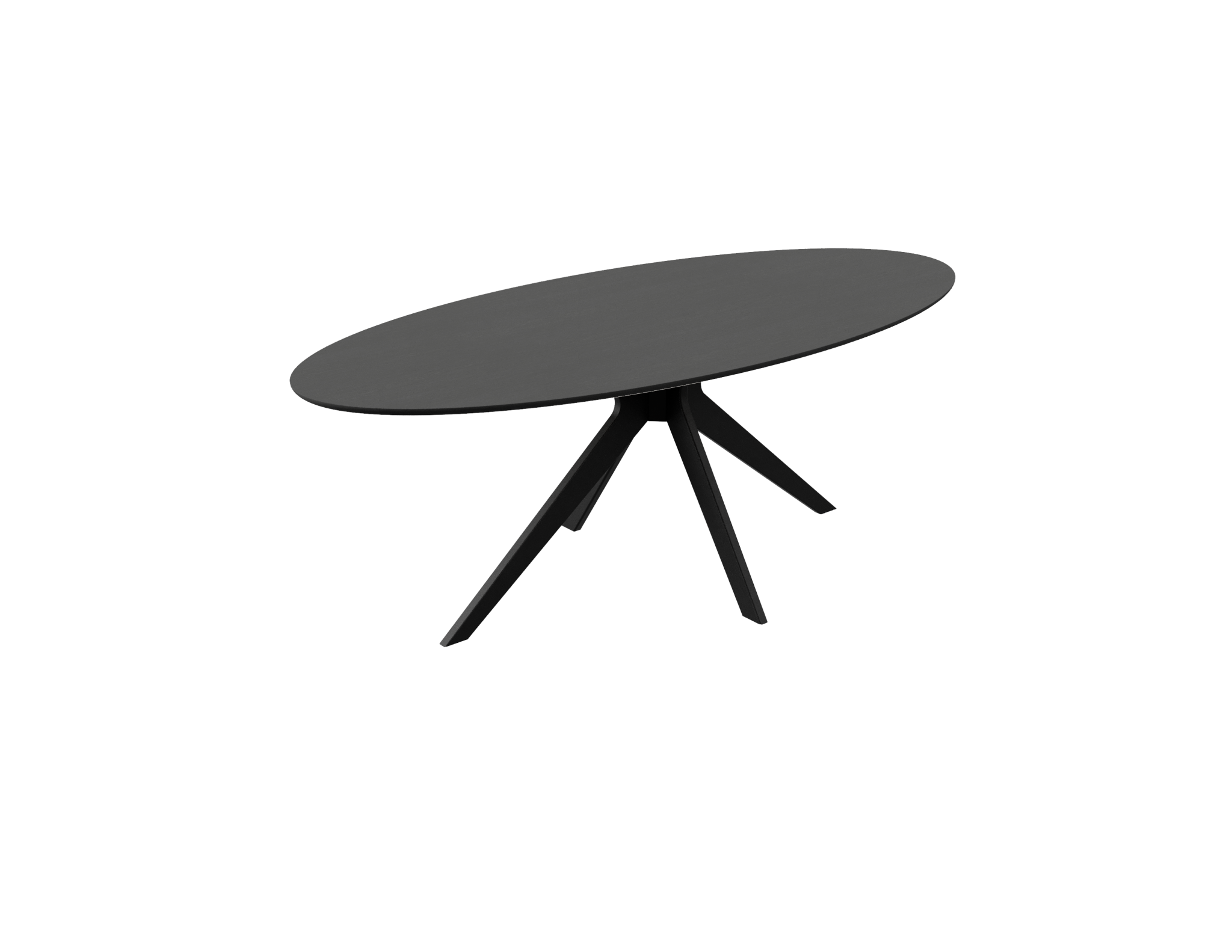 Oval oak dining table with charcoal finish and arched frame, showcasing a sleek and modern design for contemporary dining rooms.
