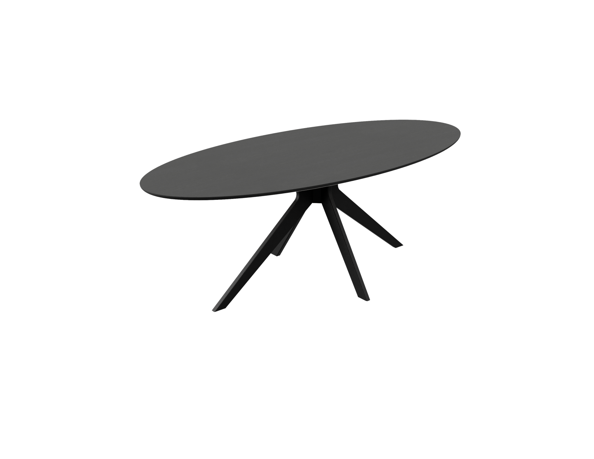 Oval oak dining table with charcoal finish and arched frame, showcasing a sleek and modern design for contemporary dining rooms.