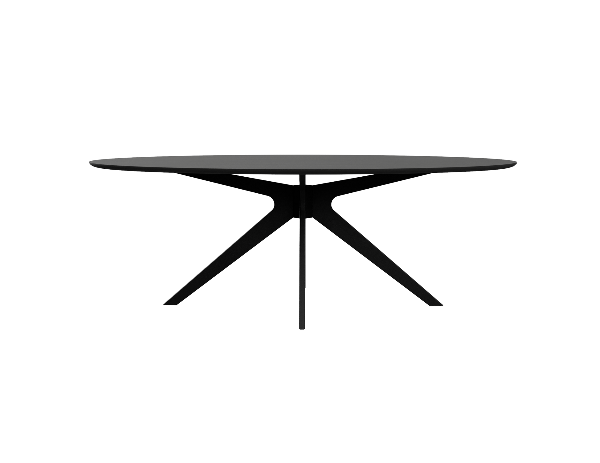 Oval oak dining table with charcoal finish and arched frame, showcasing a sleek and modern design for dining spaces.