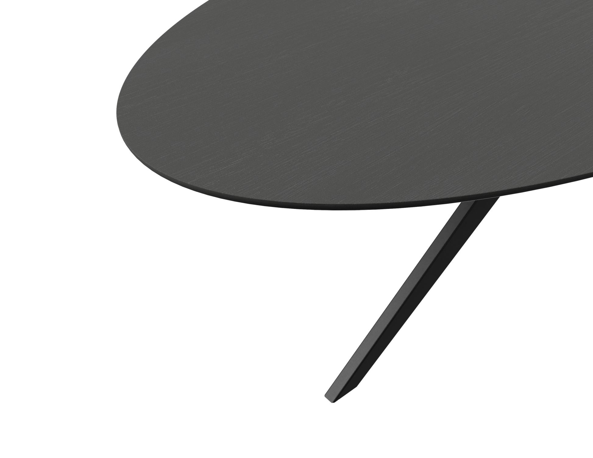 Oval oak dining table with charcoal finish and arched frame, showcasing a sleek, modern design for contemporary dining spaces.