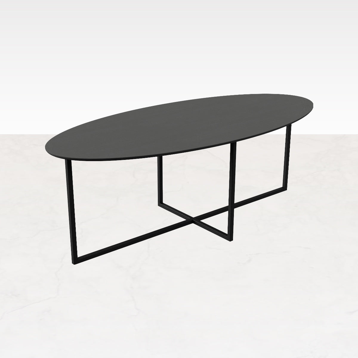 Oval oak dining table with charcoal finish and cross frame, showcasing a sleek, modern design perfect for contemporary dining spaces.