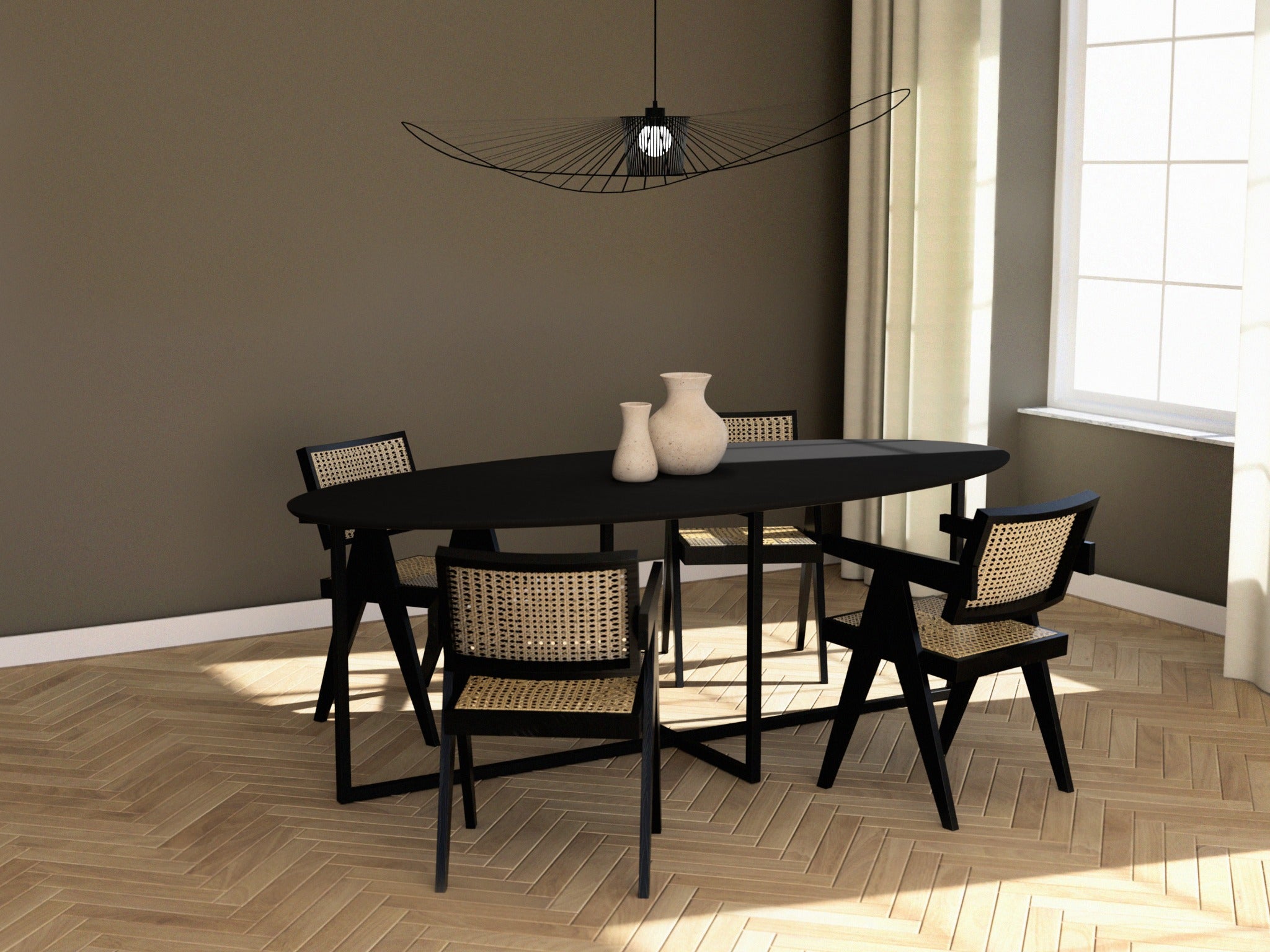 Oval oak dining table with a charcoal finish and cross frame design, showcasing a sleek and modern dining surface.