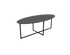 Oval oak dining table with charcoal finish and cross frame design, showcasing a sleek and modern appearance.