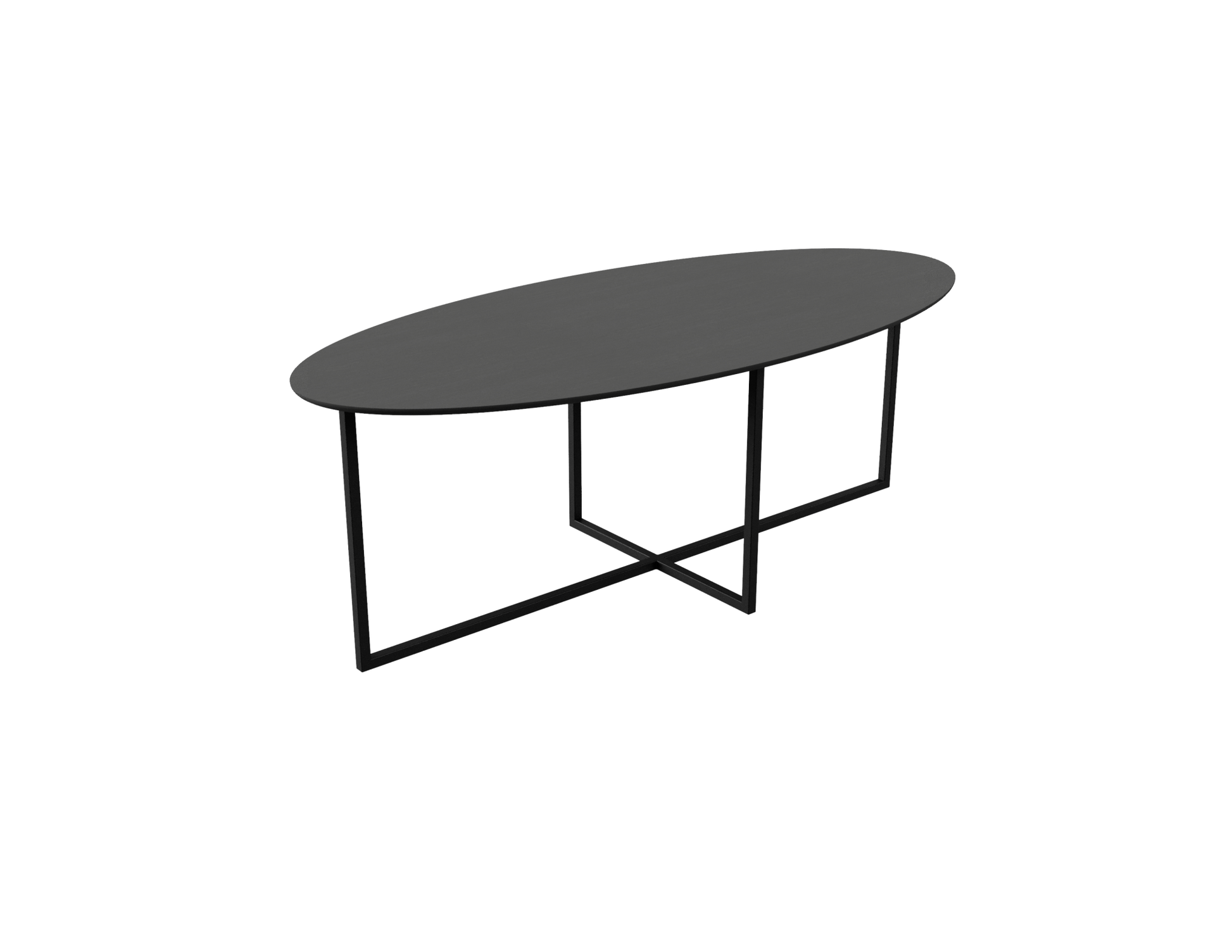 Oval oak dining table with charcoal finish and cross frame design, showcasing a sleek and modern appearance.