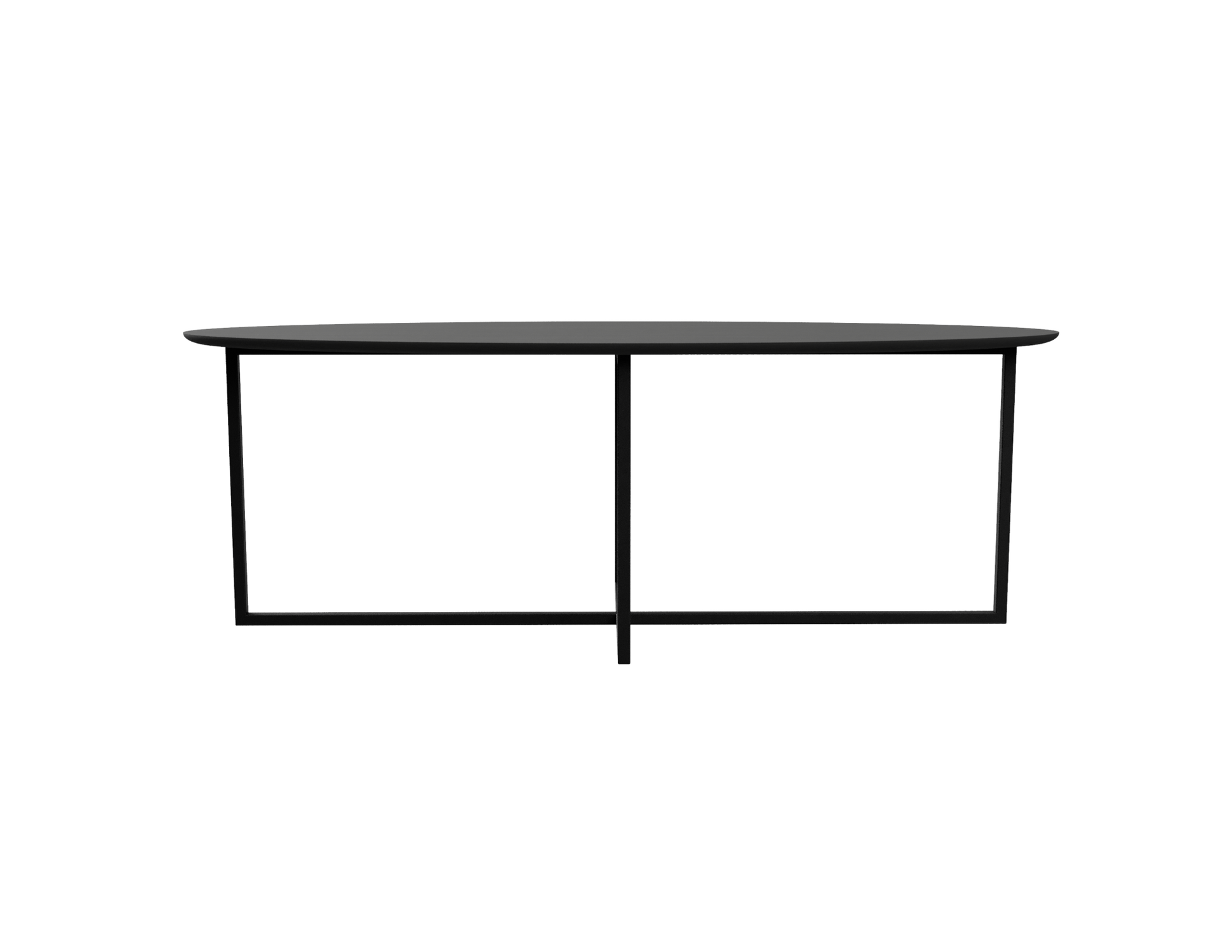 Oval oak dining table with charcoal finish and cross frame design, showcasing a sleek and modern dining furniture piece.