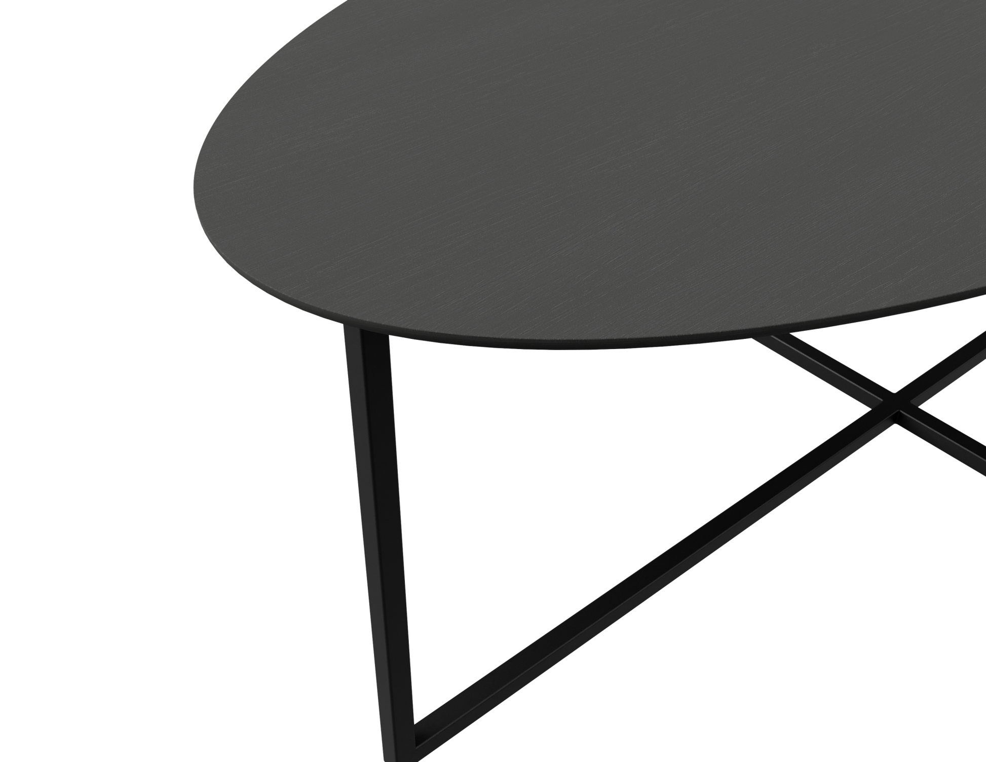 Oval oak dining table with a charcoal finish and cross frame design, featuring a sleek and modern look for dining rooms.