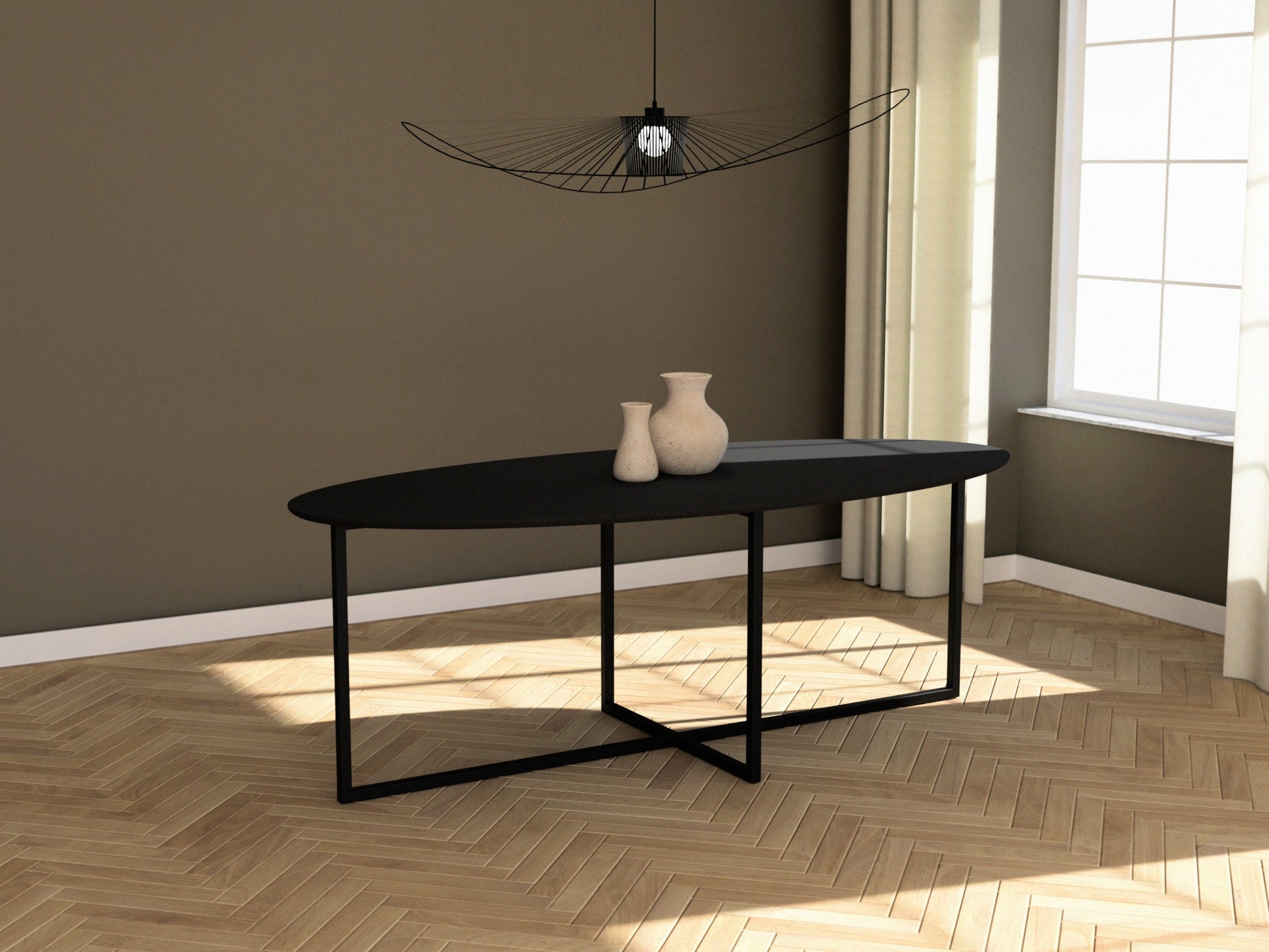 Oval oak dining table with a charcoal finish and cross frame design, featuring a sleek, modern style for contemporary dining spaces.
