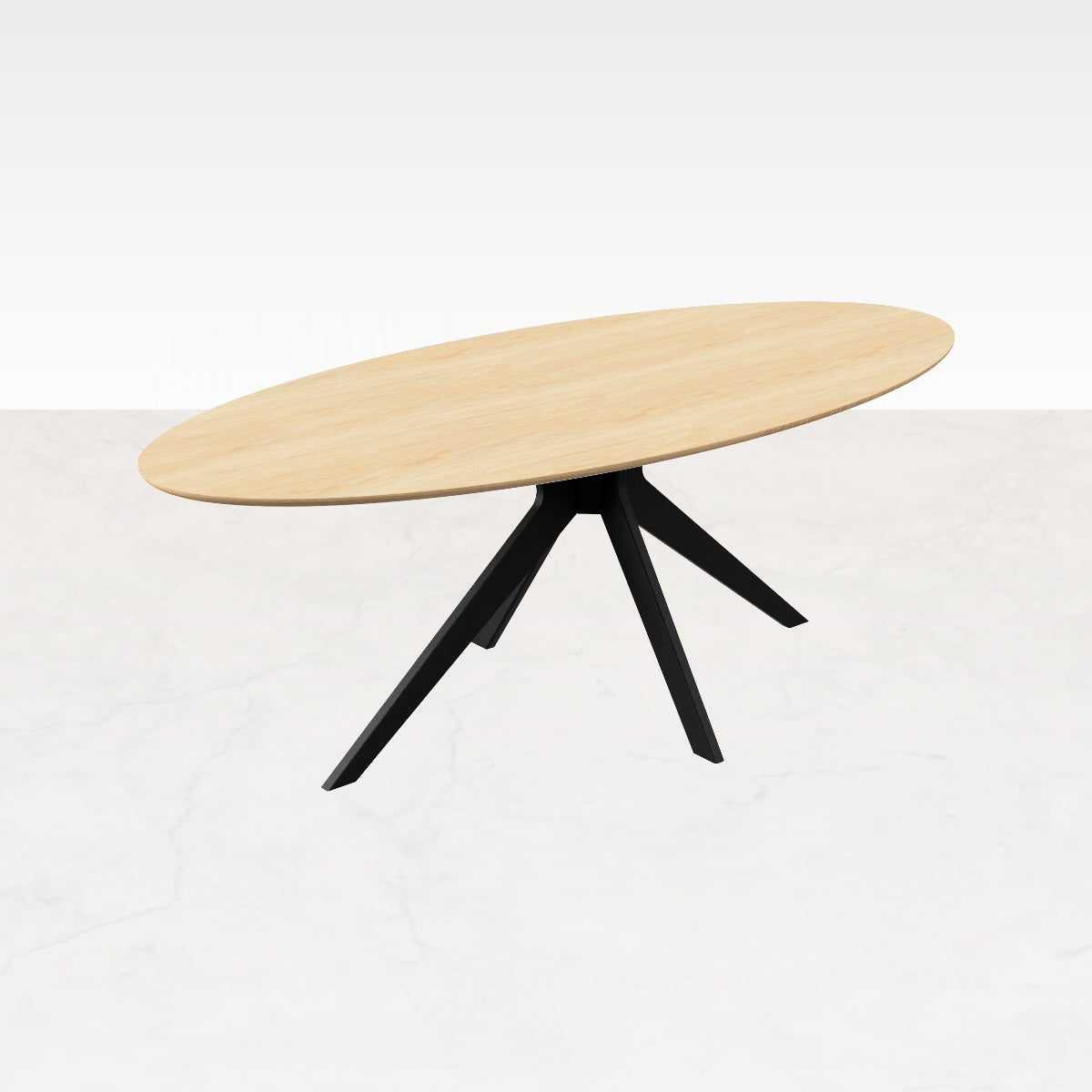 Oval oak dining table with natural finish and arched frame, showcasing a sleek, elegant design for modern dining spaces.