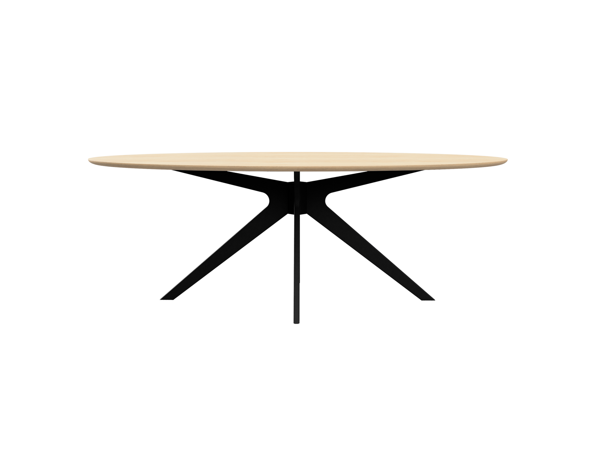 Natural oak oval dining table with arched frame, showcasing a smooth wood surface and sturdy design for elegant dining spaces.