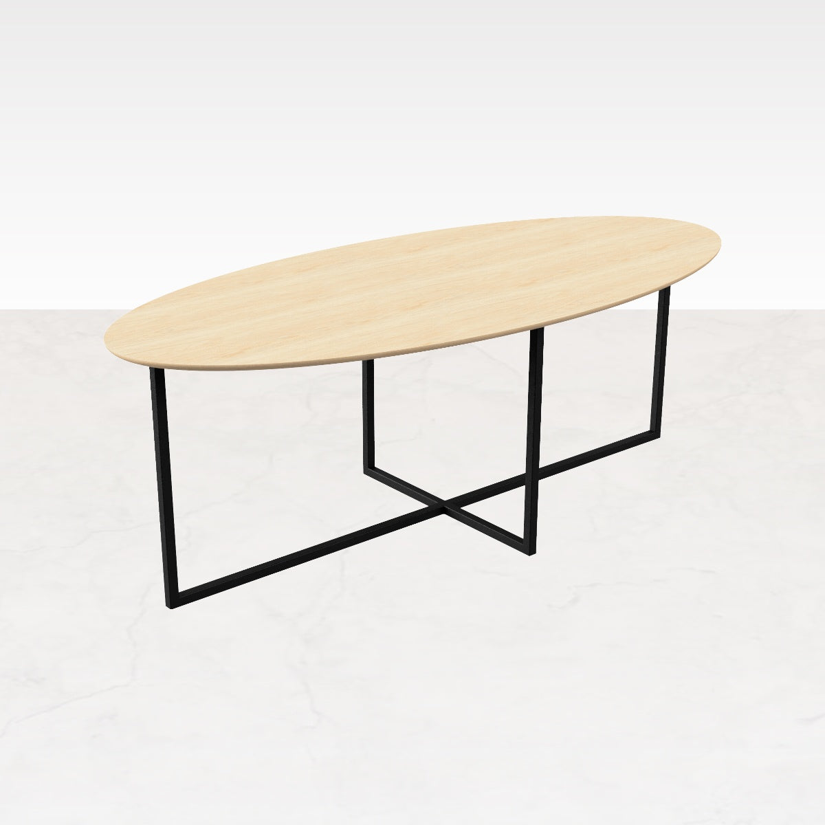 Oval oak dining table with natural finish and cross frame design, showcasing a sturdy wooden table for dining room use.