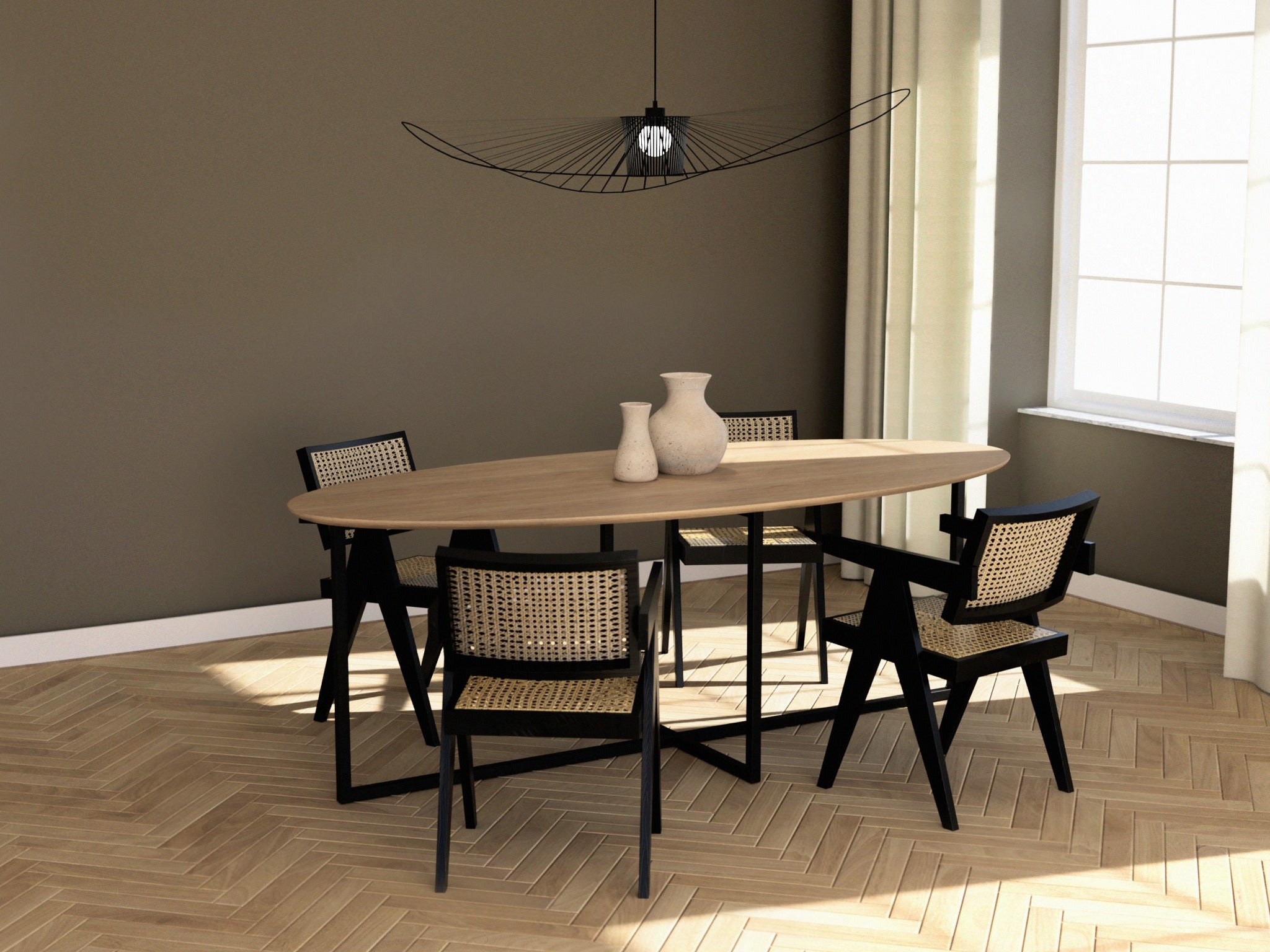 Oval oak dining table with natural finish and cross frame design, showcasing sturdy wooden construction and elegant shape.