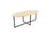 Oval oak dining table with natural finish and cross frame, showcasing a sturdy wooden design and sleek oval shape.