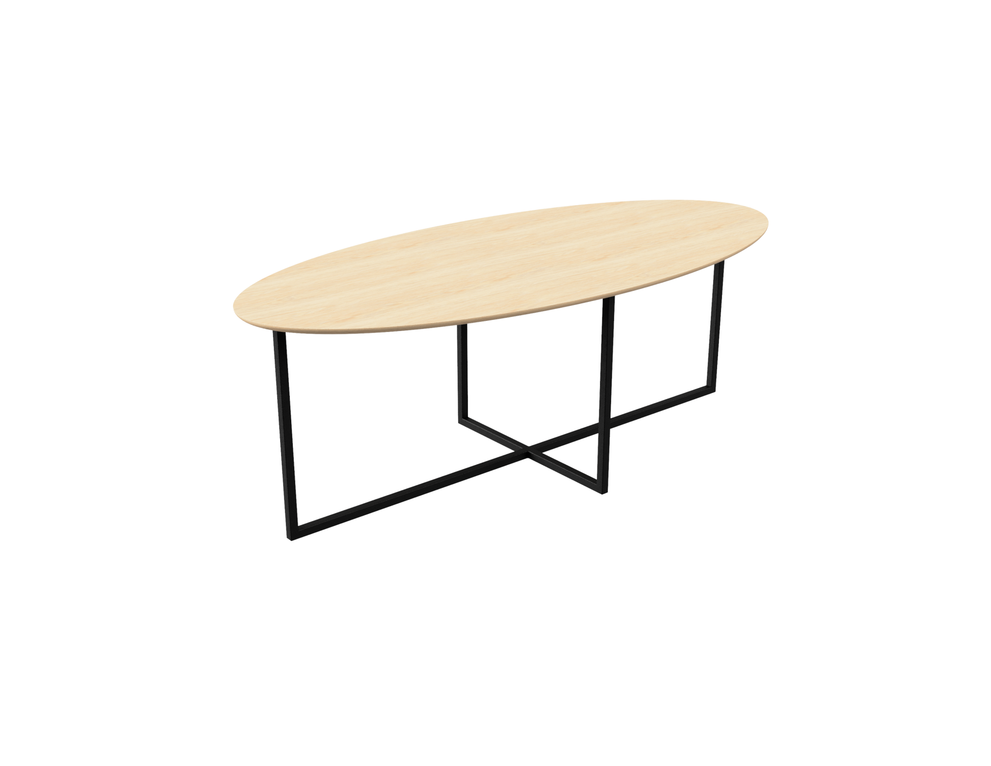 Oval oak dining table with natural finish and cross frame, showcasing a sturdy wooden design and sleek oval shape.