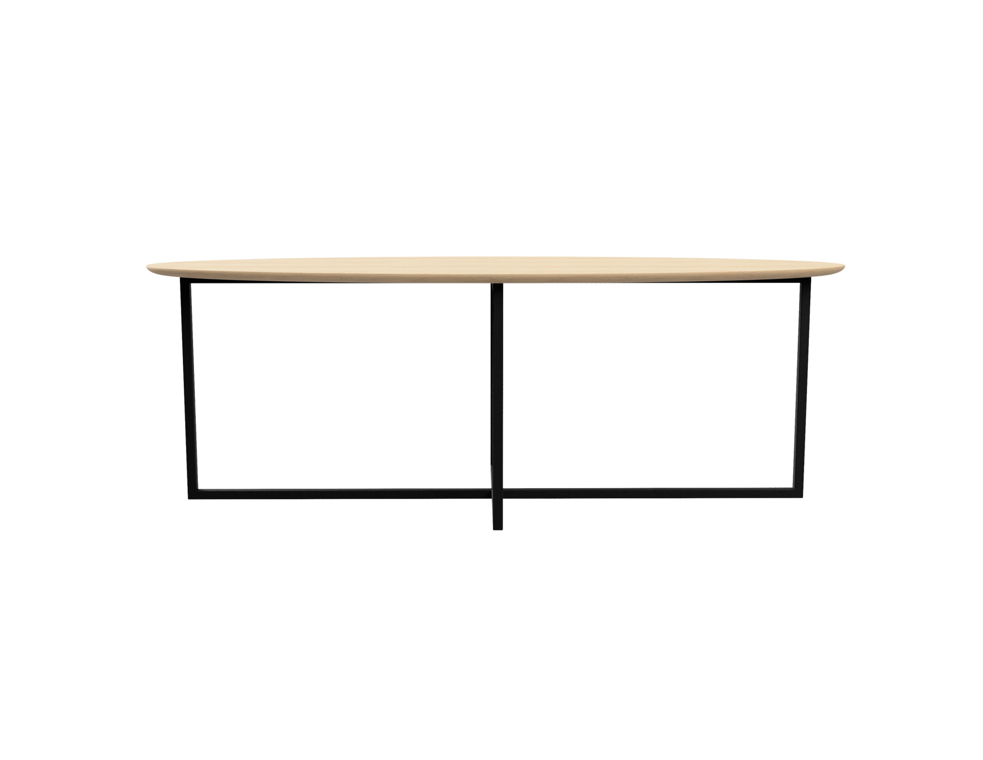 Oval oak dining table with natural finish and cross frame design, showcasing a sturdy wooden dining table with smooth surface.
