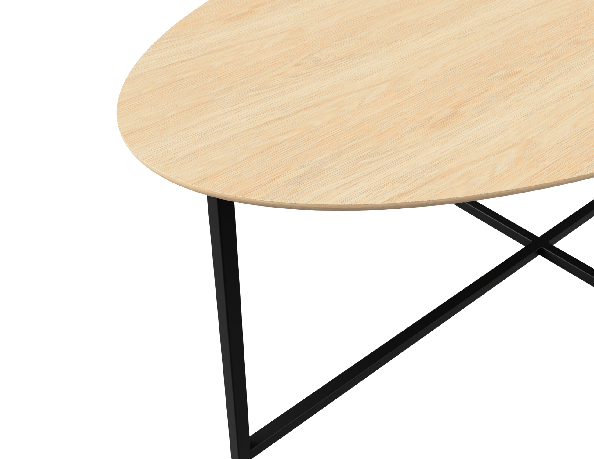 Oval oak dining table with natural finish and cross frame design, showcasing a sleek and sturdy wooden surface.