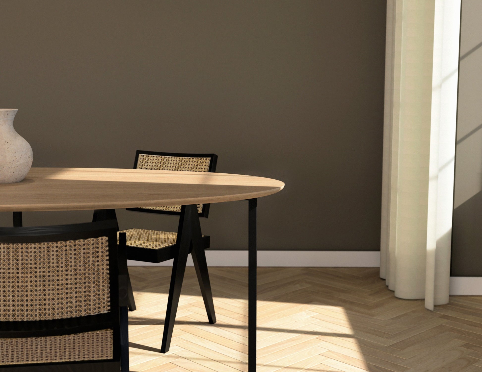 Oval oak dining table with natural finish and cross frame design, showcasing a sturdy wooden dining table in a modern style.