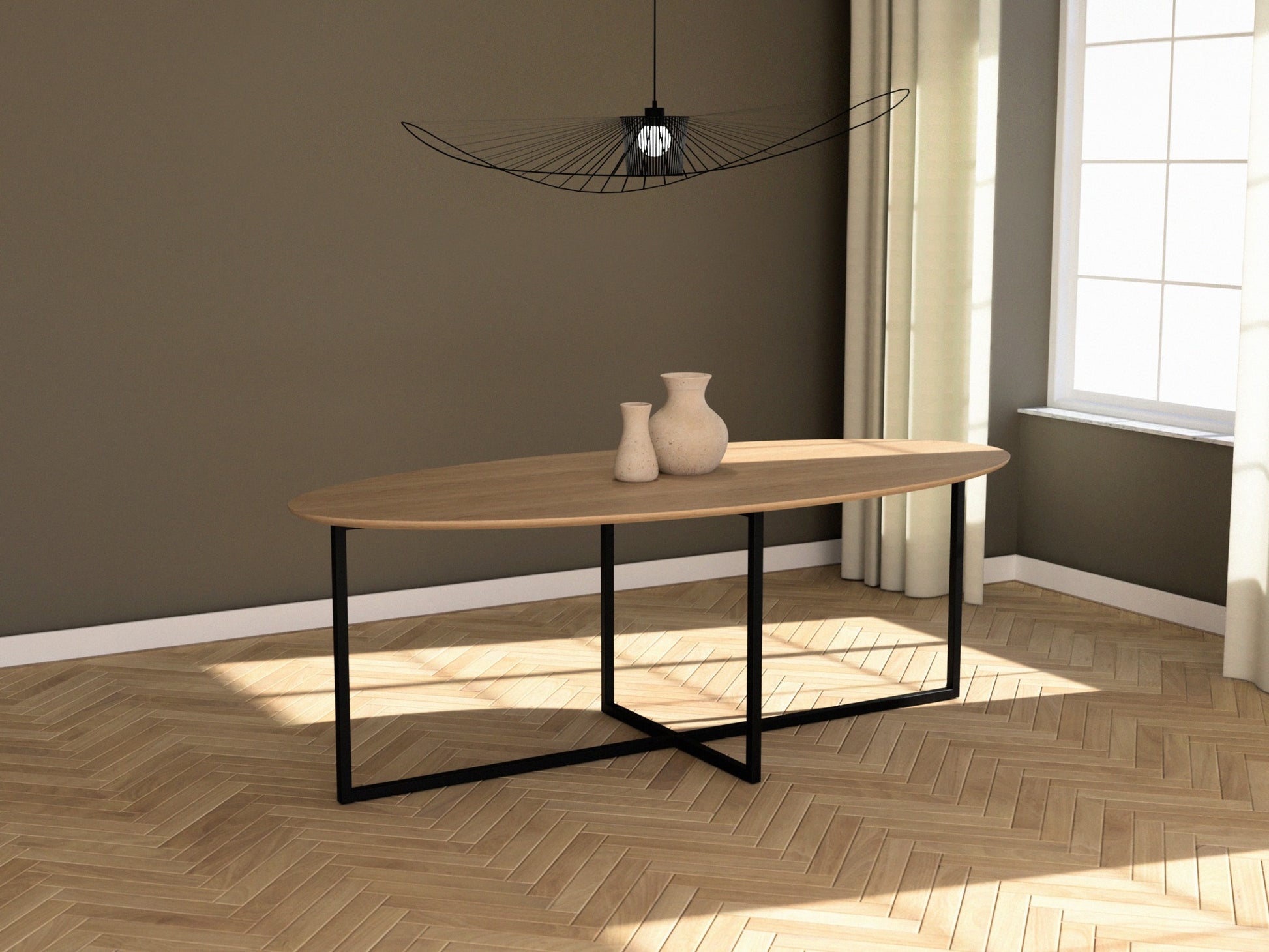 Oval oak dining table with natural finish and cross frame design, showcasing the elegant wooden surface and sturdy construction.