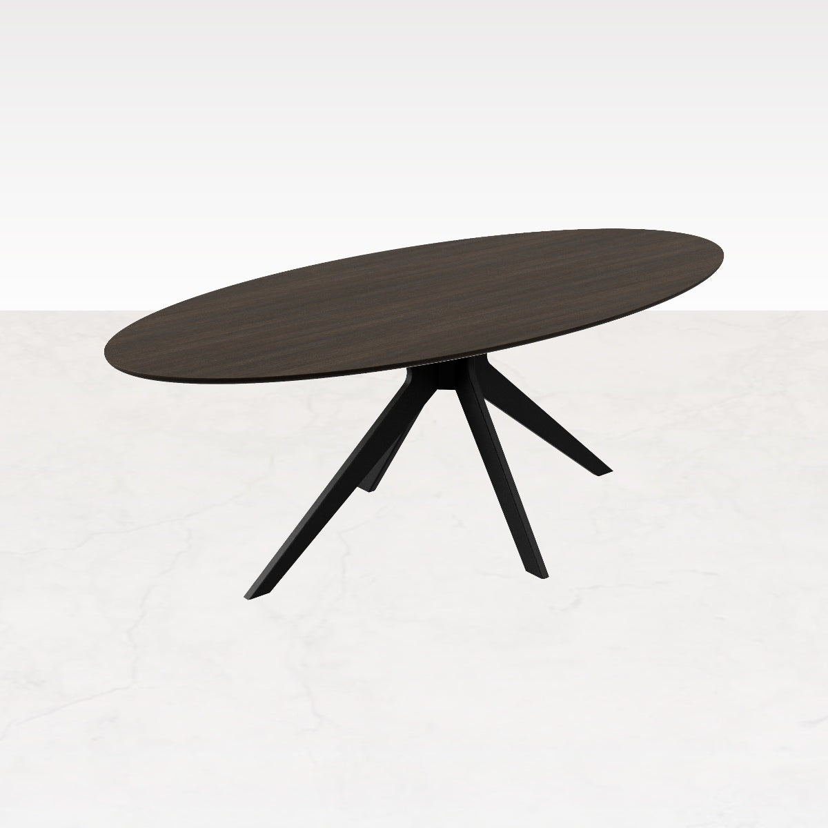 Smoked oval oak dining table with arched frame, showcases smooth wood surface and elegant design for modern dining rooms.